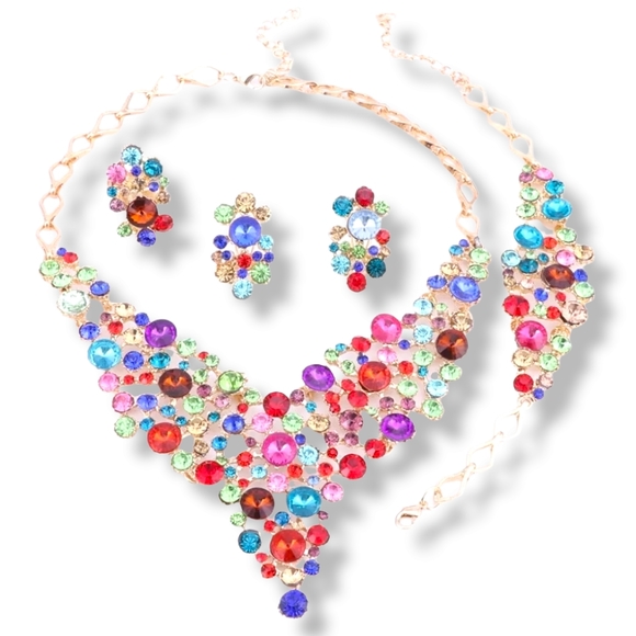 18K gold plated multi color rainbow crystal Necklace earrings set - Picture 13 of 15